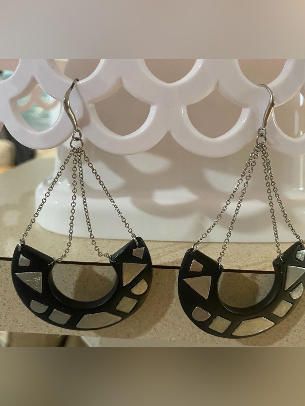 Black and Silver Geometric Crescent Drop Earrings